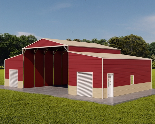 Metal Horse Barn Image With Tan Roof and Trim, Red Walls and Gable End, and lower 3' Wainscot in Tan