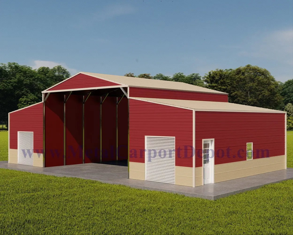 Metal Horse Barn Image With Tan Roof and Trim, Red Walls and Gable End, and lower 3' Wainscot in Tan