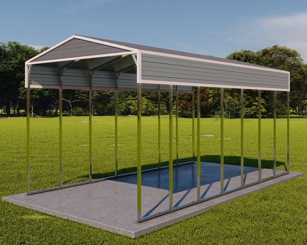 Metal RV Cover Image With Quaker Gray Roof, White Trim, and Pewter Gray Gable and Panels