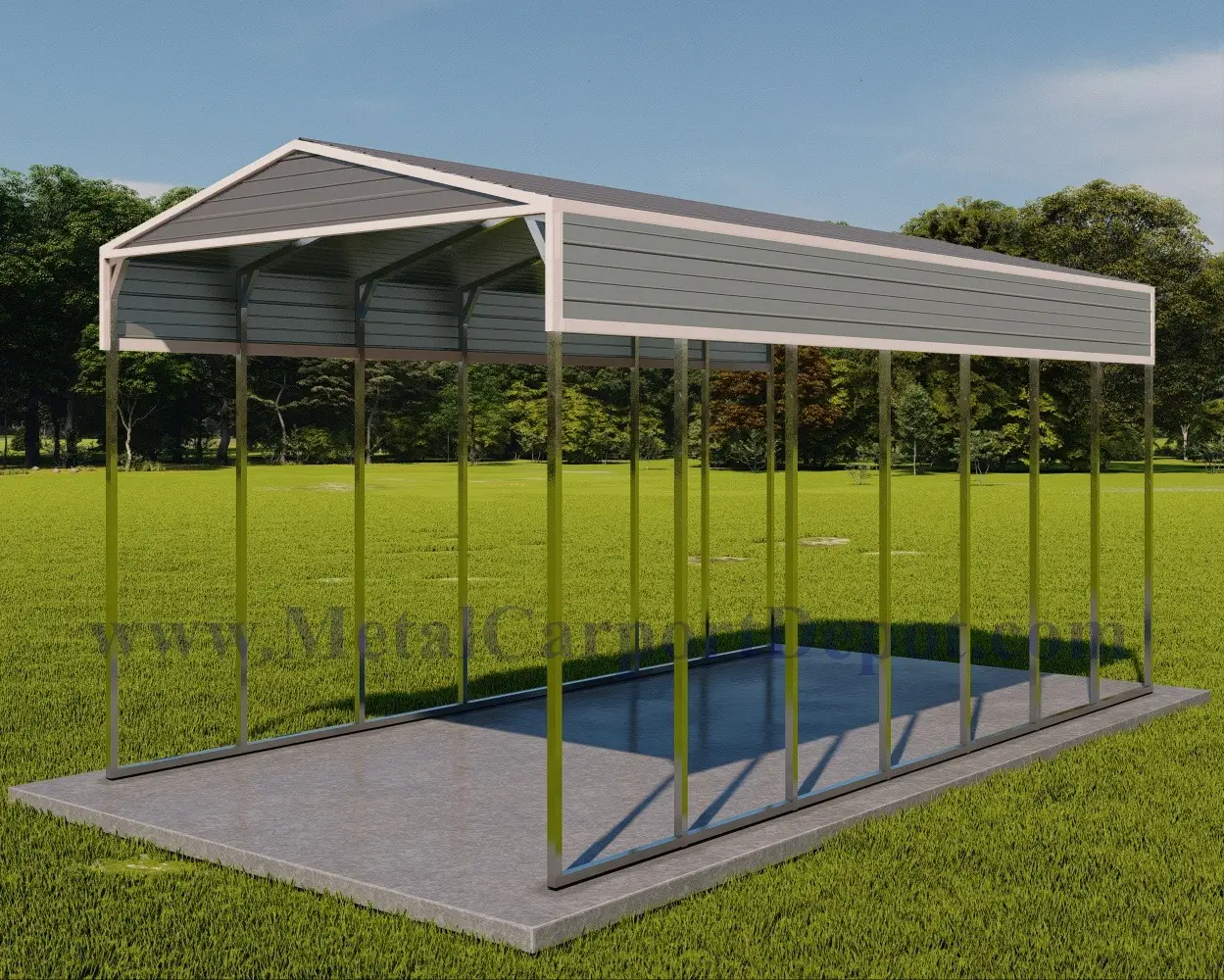 Metal RV Cover Image With Quaker Gray Roof, White Trim, and Pewter Gray Gable and Panels