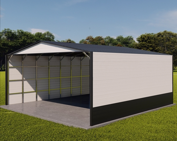 Wide Span Metal Structure Image With Black Roof, Black Trim, White Walls, and lower 3' wainscot
